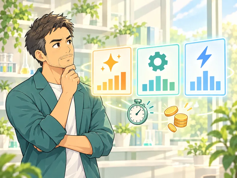 3つのカードを見比べて、会社でどれを使うか考える40代の経営者