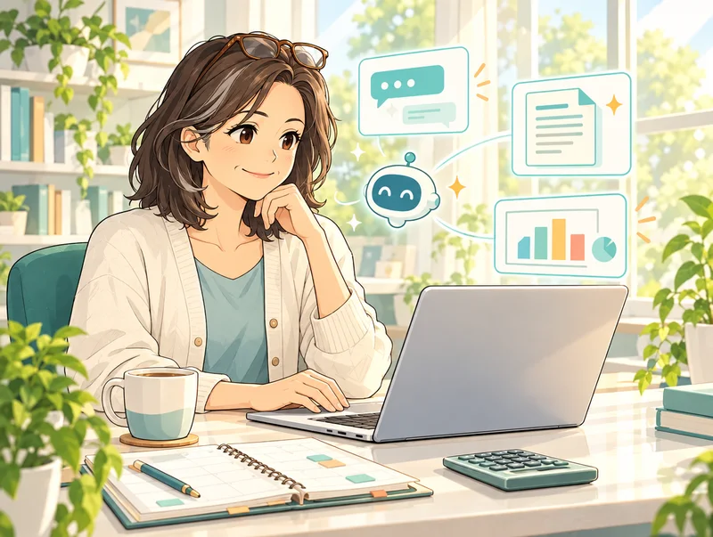 ノートパソコンでAIに資料作りを手伝ってもらう、個人で事業をしている40代の女性